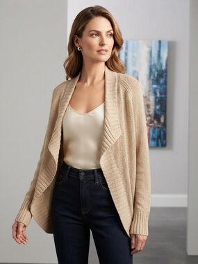 Charter Club Neutral Beige Open-Front Draped Cardigan